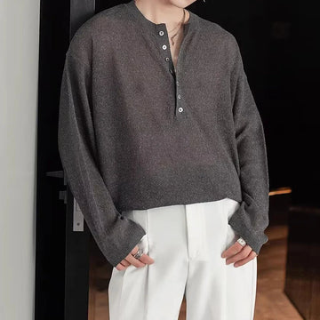 AIDASE  -  Spring Autumn Casual Men's Knitting Tops Stylish Knitted Henley T Shirts Mens Trendy Long Sleeve Button Hollow Out Knit T-shirt aidase-shop